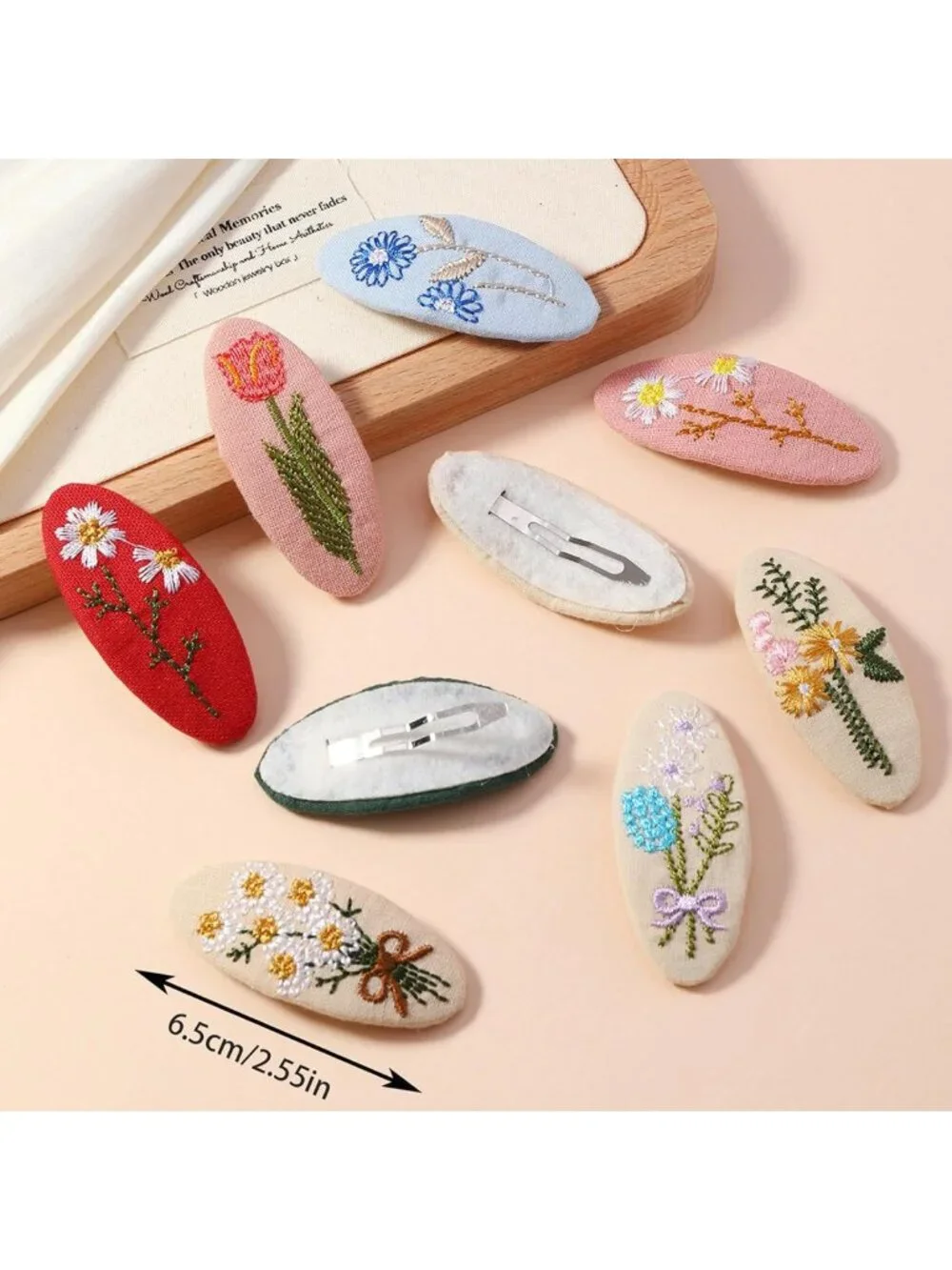9Pcs Floral Embroidered Hair Clips - Handmade Oval Snap Barrettes, Assorted